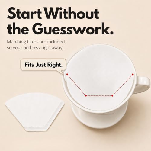 Kalita 102 Coffee Dripper Set, Pour Over Coffee Dripper, White Ceramic Dripper, FP102 Coffee Filters 100 Count, 2 to 4 Cups, Trapezoid Design, 3 Hole Flow, with Fuji Dish, Everyday Brewing Set - Image 4