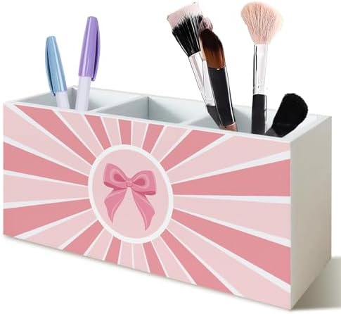 Boho Pink Coquette Bow Makeup Brush Holder Organizer, Preppy Girly Toothbrush Holders for Girly Bathroom, Pink Bow Sun Sunshine Pen Pencil Holder for Office Desk Accessories by Krhfg