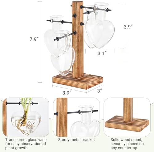Mkono Propagation Stations,4 Heart Shaped Glass Plant Vases with Wood Stand - Image 2