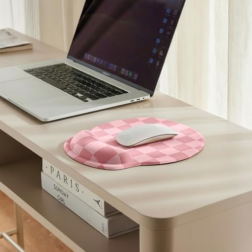 Ohocut Coral Pink Checkered Mouse Pad with Gel Wrist Rest, Wrist Support, Ergonomic Desk Accessories for Women, Office Laptop Gaming Decor, Cute Aesthetic Check Design - Image 3