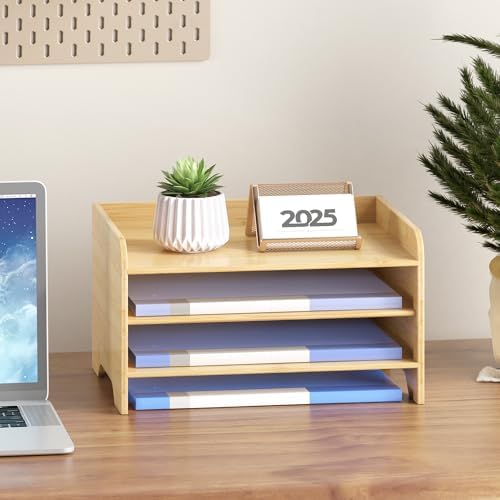 Bamboo File Organizer for Desk, Paper Tray with Pen Holder - Image 2