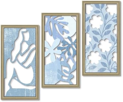 Putuo Decor Boho Floral Wall Art, Minimalist Blue Flower Botanical Wooden Wall Decor with Women Figure Patterns, Modern Aesthetic Print Art for Bedroom Bathroom Living Room Office Set of 3 by PUTUODECOR