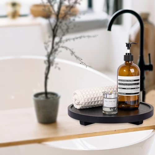 Round Decorative Tray Wood Bathroom Counter Organizer Farmhouse Kitchen Decor Wooden Riser for Soap Dish, Perfume, Candle, Sponge, 11" - Black - Image 5