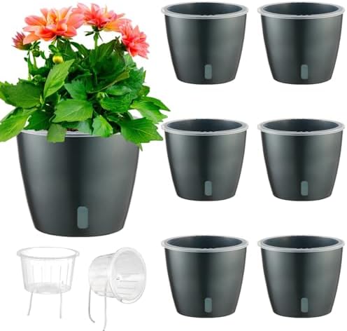 Self Watering Pots for Indoor Plants, 6-Pack 6.7'' Self Watering Planter with Drainage Holes, Small African Violet Pots with Water Indicator, Clear Wick Orchid Pot, Grey by KvyusFlourish