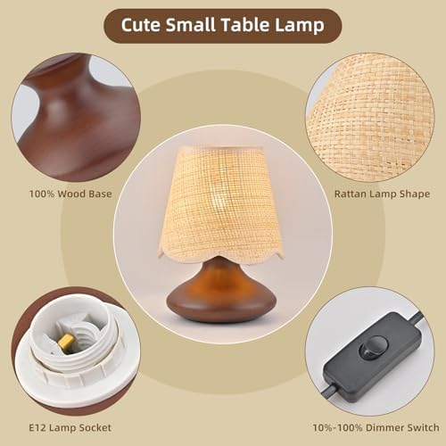 TAKEGO Small Table Lamp with Wooden Base, Rattan Lamp Shade Mini Bedside Wood Lamp, Viantage Farmhouse Table Lamp, Mini Nightstand Light for Kitchen Counter, Bookshelf Lamp, Living Room, Dorm, Office - Image 5