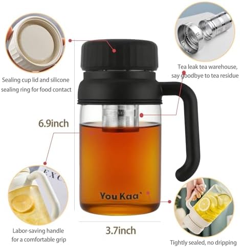 32oz Glass Water Bottle, Tea Bottle with Infuser & Handle, BPA-Free Leakproof Wide Mouth Large Tea Infuser cup for Hot or Cold Drinks, Loose, Fruit (Black) - Image 2