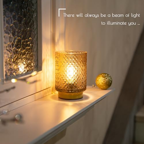 LUSHARBOR Battery Operated Lamp with Timer, Small Table Lamp Bedside Decor Ambient Light, Glass Cordless Battery Lamp for Bookshelf Living Room Entryway Diamond Design-Amber - Image 3