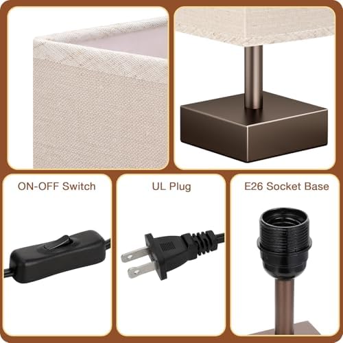 aooshine Browm Small Bedside Lamp for Bedroom - Square Beige Fabric Shade - Image 6