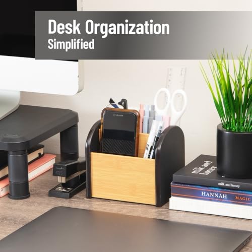 Mind Reader Desktop Organizer with 3 Compartments, Natural Wood and Matte Finish Sides, Compact Desk Storage, Wood, Black - Image 2