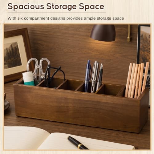 Jetec Wooden Pencil Pen Holder for Desk, Walnut, 6 Compartments - Image 3