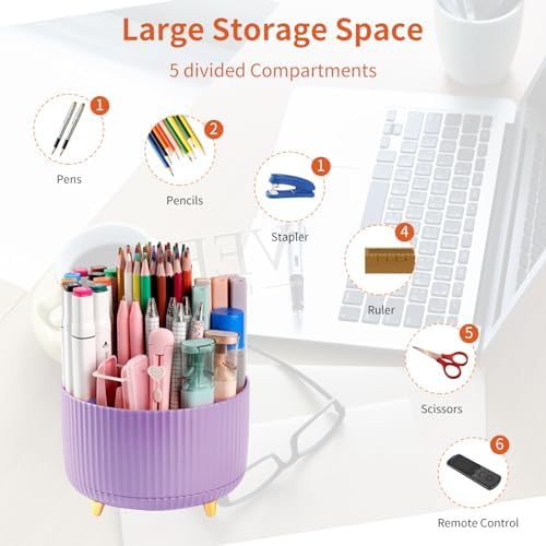 Desk Pencil Pen Holder, 5 Slots 360°Degree Rotating Pen Organizers for Desk, Desktop Storage Stationery Supplies Organizer, Cute Pencil Cup Pot for Office, School, Home, Art Supply, Purple - Image 3