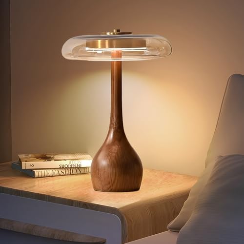 Small Table Lamp for Bedroom, Wooden Base, Teardrop Mushroom, H 12.4 In by Unknown