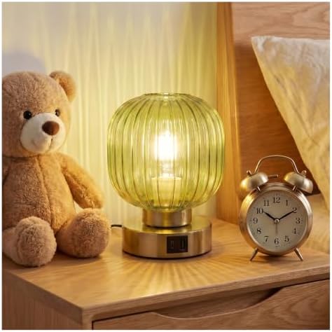 Elenhome Touch Small Table Lamp,Elegant Green Glass Bedside Lamp 3 Way Dimmable with USB C+A Charging Ports - Bedroom Nightstand & Living Room Essential, 4W Bulb Included (Green) by Elenhome