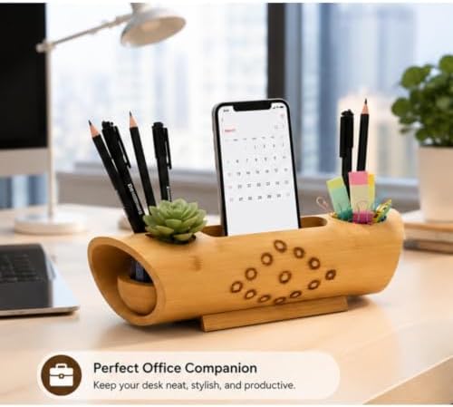 Bamboo Desk Organizer with Phone Stand Pen Holder Desktop Storage Caddy for Office Home Workspace Supplies Accessories - Image 5