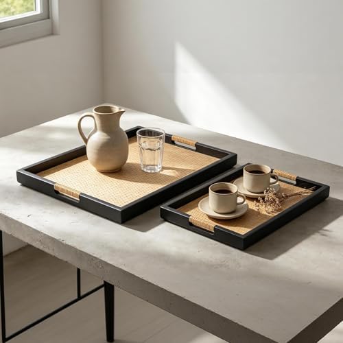 Wood Serving Tray with Handles Set of 2，Rectangle Decorative Tray - Image 7