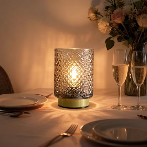 LUSHARBOR Battery Operated Lamp with Timer, Small Table Lamp Bedside Decor Ambient Light, Glass Cordless Battery Lamp for Bookshelf Living Room Entryway Diamond Design-Amber - Image 6