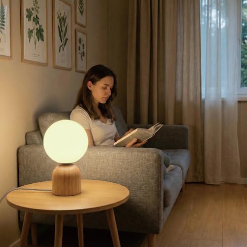 9.8" Dimmable Solid Wood Table Lamp with Opal Glass Globe Shade, Natural - Image 7
