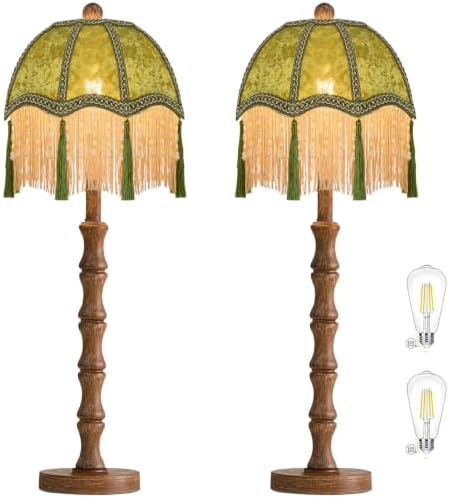 ILLMTW Vintage Table Lamp Set of 2,Flower Small Bedside Lamps Dimmable Bedroom Lamp with Fringe Green Shade,Boho Mid Century Retro Unique Tassel Nightstand Lamp for Bedroom Living Room Tiffany Decor by IlluminateTheWorld