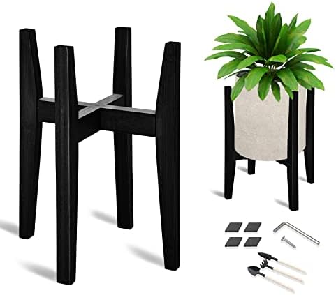 OERGKE Adjustable Plant Stand Indoor, Bamboo Mid Century Modern Plants Stands, Corner Flower Holder for Living Room, Fits 8 to 12 Inches Pots, (Pot & Plant Not Included)(Black, 1 Pack) by OERGKE