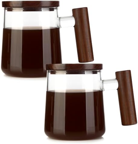 COMI Glass Coffee Mugs, Clear Coffee Mugs with Walnut Lid&Handle，Wide Mouth Extra Large Capacity Cup, Perfect for Latte, Mocha, Cappuccino, Tea and Juice, Microwave Safe(2PCS,15oz/450ml) by COMI