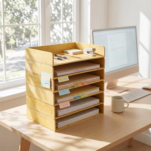 Novabright 6 Pcs Stackable Paper Organizer Tray Acacia Wood Desk Organizer Letter Tray Desktop Letter Size Office Wooden Desk Shelf Paper Holder Folder Organization Rack for File Document(Bamboo) - Image 5