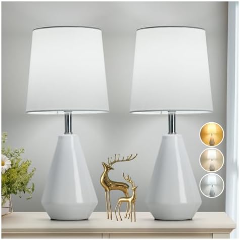 Small Bedside Table Lamp for Bedroom-Reading Desk Lamp Set of 2,with 3 Color Temperatures,15.5" Nightstand Ceramic Lamp with Fabric Shade for Kids Room,Living Room,Dorm,Home Office(White) by Illuminatingyoumeandhim