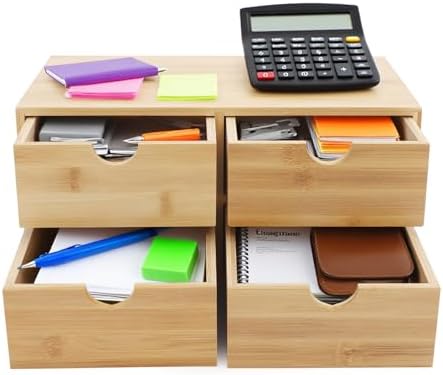 Bamboo Desk Organizer, Wood Desktop Storage Box for Office Supplies, Cosmetics, Stationery, No Assembly Desktop Organizers and Accessories for Home, Office, Study Table (4 Drawers) by Kreiaoer
