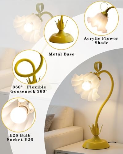 WERFOP Flower Table Lamp Cute Desk Lamp for Bedroom Home Decor (Yellow) - Image 4