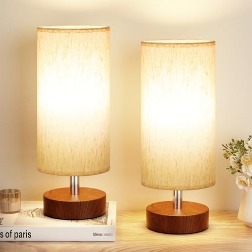 Table Lamps Set of 2 （Cream Shade - Walnut Base, 11.6" Inline Control） by PartageiZ