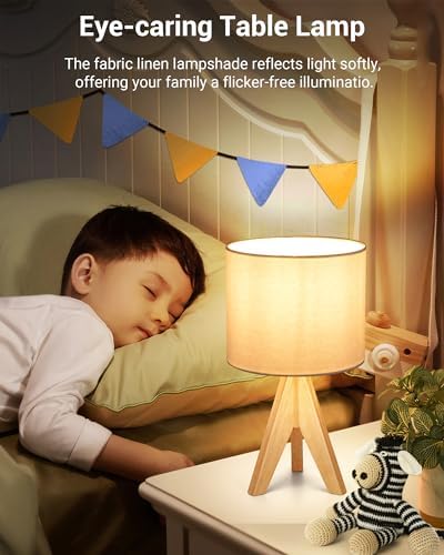 DEWENWILS Mid Century Bedside Lamp, Small Tripod Table Lamp with Linen Fabric Shade, Wood Nightstand Lamp for Nursery, Living Room, Bedroom, End Table, UL Listed, 14.2 Inch, ON/Off Switch - Image 5