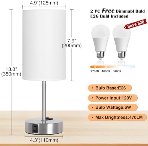 ZJOJO Table Lamps for Bedroom Set of 2, Bedside Small Lamps with AC Outlet - Image 4