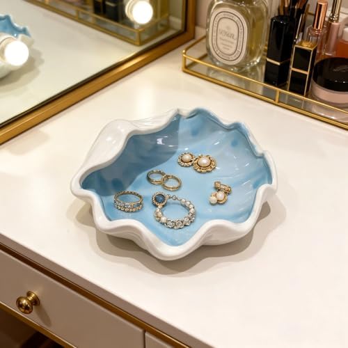 Shell Shape Ceramic Jewelry Tray, Blue Shell Trinket Dish, Ocean Themed Ring Earring Holder, Decorative Organizer for Rings, Earrings, Necklaces, Bracelets, Coastal Beach Home Decor (Blue Shell) - Image 5