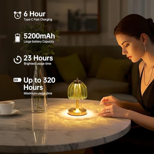 Shenmoyl Tulip Small Table Lamp, 5200mAh Cordless Touch Control Mini Table Lamp with 3 Color Temps & Stepless Dimming, Perfect for Small Spaces Like Dressers, Bedsides, Bookshelves (Green Tulip) - Image 6