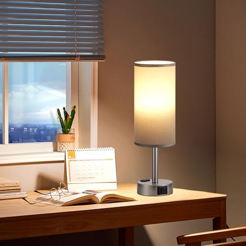 Fenmzee Grey Bedside Lamp for Bedroom, Dimmable Touch, USB A+C, AC Outlet - Image 7