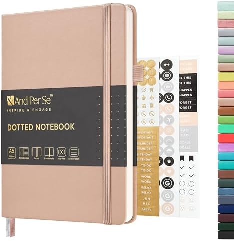 &And Per Se Dotted Journal Notebook, A5 Hardcover Leather Dotted Journal, 160 Pages 100gsm Thick Dot Grid Paper, 3 Sheets of Stickers Included - 5.7'' x 8'' (Apricot) by AndPerSe