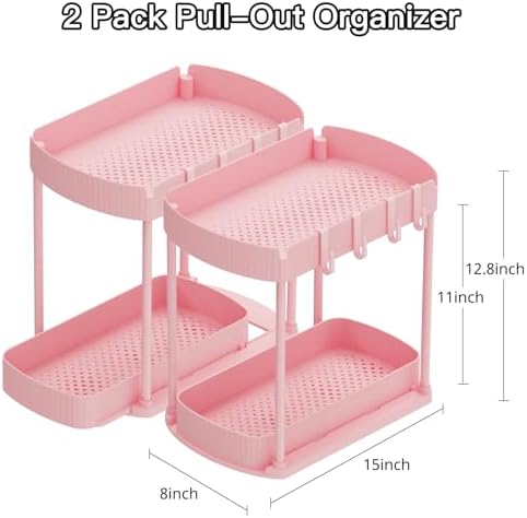 2 Packs Under Sink Pull-Out Storage Organizers, 12.8 Inches, Pink - Image 2