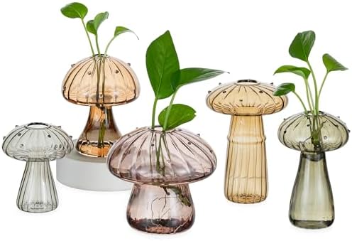 Hewory Plant Propagation Station: 5PCS Amber Glass Mushroom Vase for Flower by Hewory