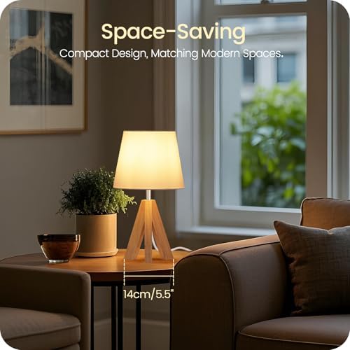 Small Tripod Table Lamp, Modern Nightstand Lamp with Fabric Shade, Boho Bedside Wood Desk Light for Bedroom, Kids Room, Living Room, Office, Study, White, W51TL05 - Image 2