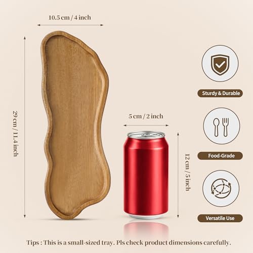 Small Wooden Tray | Acacia Wood Tray for Vanity, Bathroom Counter, Coffee Table & Toilet | Perfect for Jewelry, Remote, Perfumes & Catch All | Mini Charcuterie Board Serving Platter (Footprint Shape) - Image 2