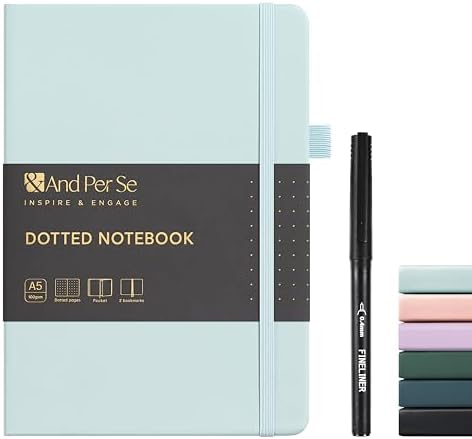 &And Per Se Dotted Notebook with Pen, A5 Hardcover Dotted Journal, 160 Pages 100GSM Thick Paper Dot Grid Journal with Fineliner Pen (Cyan) by AndPerSe