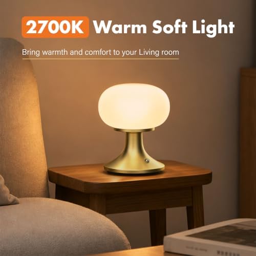 Cordless Mushroom Table Lamp - Stepless Dimming - 2700K Warm Light - Gold - Image 3