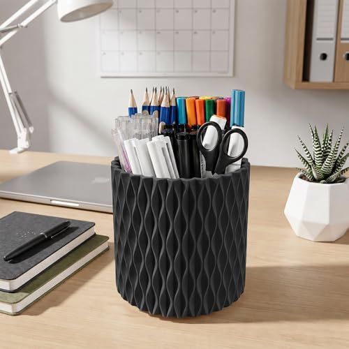 Lebenrich Aesthetic Black Pen Holder for Desk, Rotating Plastic Desk Pencil Holder Organizer for Home School Office - Image 2