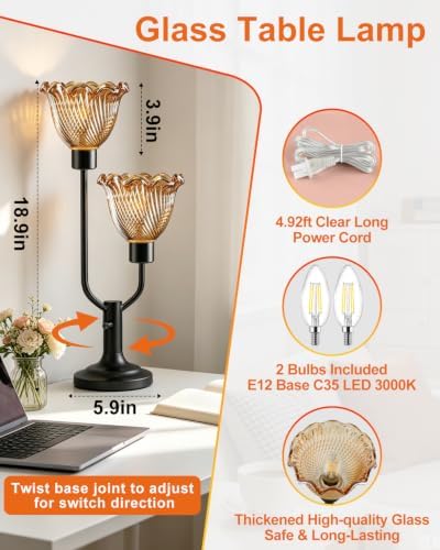 Lightdot Mid Century Modern Table Lamp Dimmable Black Vintage Glass Lamp - Image 4