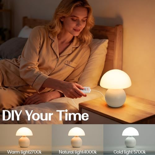 Cute Small Mushroom Lamp Decor,USB-Plug in Bedside Table Lamps with 3-Temperature LED Bulb Dimmable,Modern Aesthetic Home Decor for Livingroom/Bedroom/Dorm/Nursery (White with Plug) - Image 6
