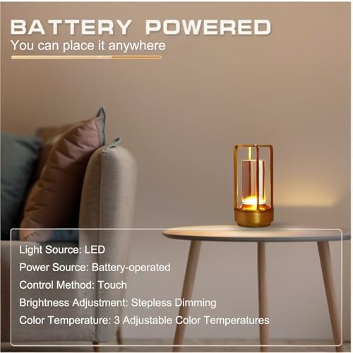 Small Table Lamp, Rechargeable Cordless Battery Operated LED Lamp, 3-Color Temperatures Dimmable Nightstand Lamp for Living Room, Bedroom, Outdoor Battery Powered Portable Touch Lamp (Gold) - Image 5