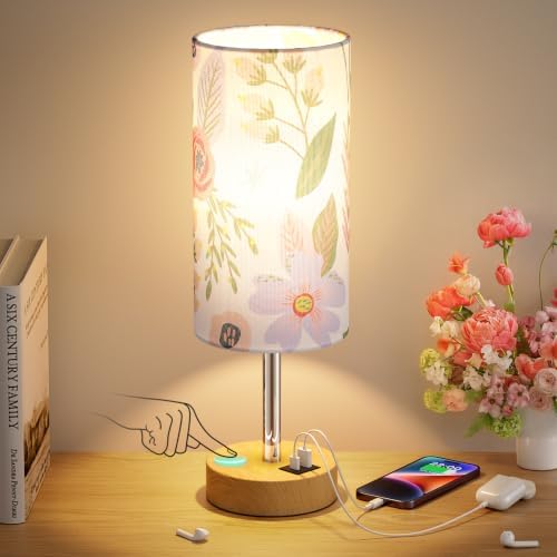 Dicoool Touch Bedside Table Lamp with USB - 3 Way Dimmable Floral Lamp for Bedroom Nightstand, Desk Lamp with Charging Station for Dorm, Living Room, Office, Kids Room, Small, 14in by DicooolDirect