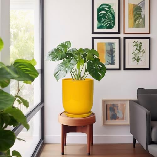 Ceramic Pot for Plants - 10 Inch Plant Pot Indoor with Drainage Hole and Saucer Large Planter for Outdoor Plants Cylinder Decorative Flower Pot Yellow - Image 2