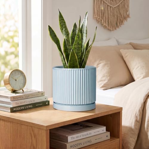 Ceramic Flower Pots, 6 Inch Planters with Saucer, Light Blue - Image 4