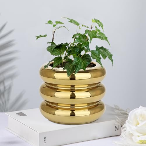 Briful Gold Ceramic Planter Pot with Drainage Hole 6in Polished Tiered Bubble Flower Planter Garden Pot for Indoor Plants Modern Home Office Decor - Image 3