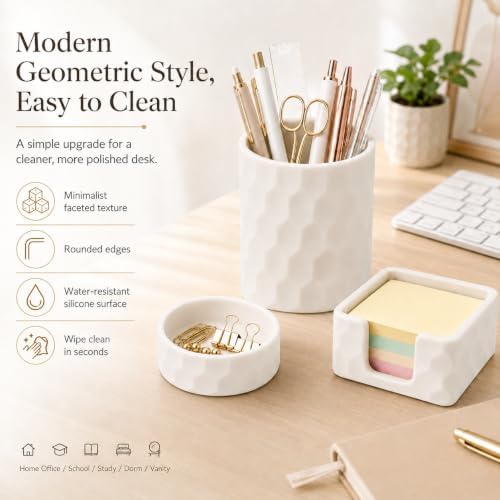 Aesthetic Geometric Silicone Desk Organizer Set of 3,Modern Office Desk Accessories with Round Pen Holder,Paperclip Tray,Sticky Note Holder,Stylish Functional Desk Decor for Home Office(Beige) - Image 2